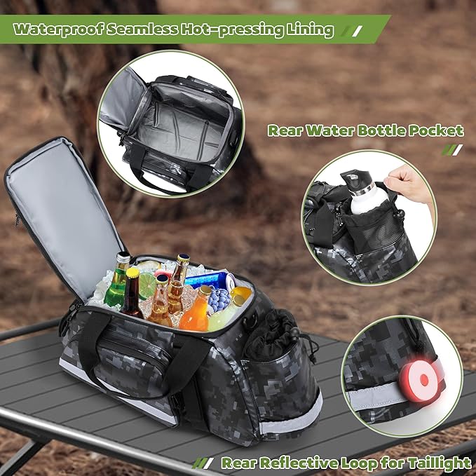 Bike Rear Rack Bag, Pannier Bags for Bicycles with 12L Capacity, Bike Trunk Cooler Bag with Reflective Strips, Reinforced Handle and Removable Shoulder Strap