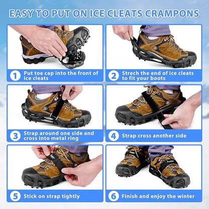 SYOURSELF Crampons Ice Cleats for Shoes and Boots Women Men Kids, 28 Shoe Spikes Non Slip Snow Traction Cleats for Snow and Ice Grippers for Shoes and Boots Hiking Walking Fishing Climbing