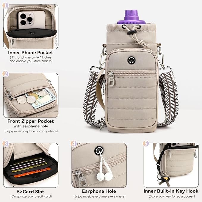 Water Bottle Carrier Bag with Strap, Sling Bag for Walking, Hiking, Cycling, Black, 40 Ounces