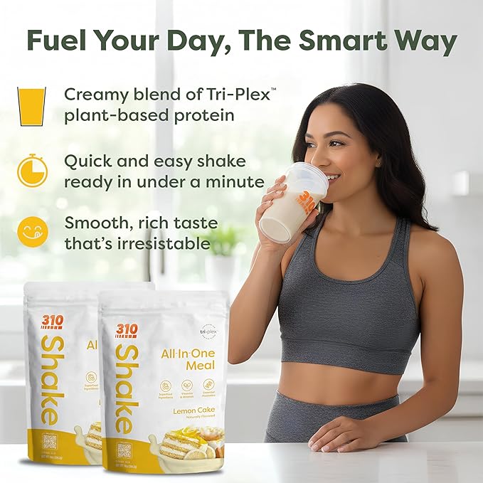 310 Nutrition All-In-One Meal Replacement Shake Powder - Plant-Based Protein Smoothie Blend w/ High Fiber, Probiotics & Adaptogens - Low Carb, Vegan, Keto & Paleo Friendly - Lemon Cake - 14 Servings