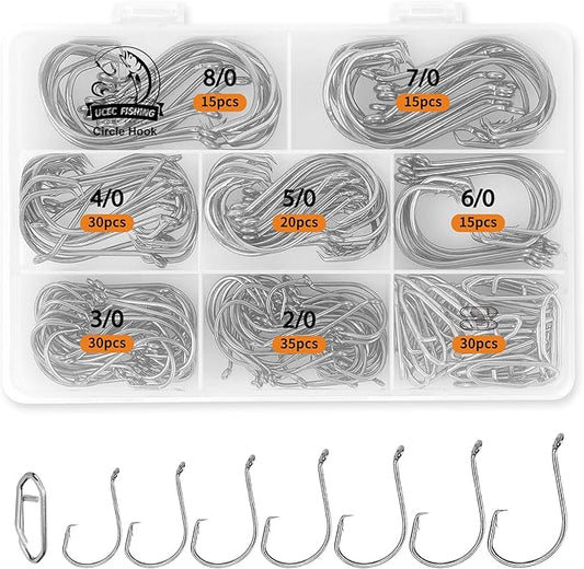 UCEC Circle Hooks Fishing Hooks 2X Strong Offset Circle Hooks Saltwater Black High Carbon Steel Octopus Catfish Fishing Hooks Fishing Gear Tackle 150pcs/ 240pcs - Size:#1 1/0 2/0 3/0 4/0 5/0 6/0 8/0