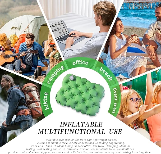 Inflatable seat Cushion-Travel Cushion Lnflatable Portable Air Sitting Pad for Stadium Camping OfficeCan also be used for lumbar and back support Lightweight Waterproof Camp Chair Accessories (Green)