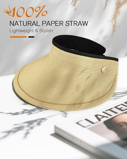 Sun Visor Hat for Women,Wide Brim Beach Hat UV Protection, Packable Straw Sun Visor Hat for Vacation,Summer