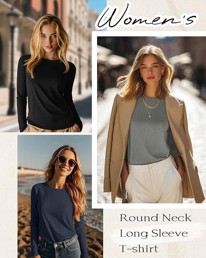 Huukeay 5 Pack Women's Crew Neck Long Sleeve Shirts, Cotton Blend Casual Clothes Workout Basic Layering Tee Tops Multipack