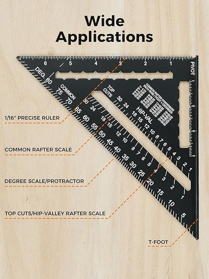 Mecurate 7 Inch Heavy-Duty Aluminum Alloy Triangle Rafter Square, Durable Carpenter's Layout Tool with Easy-to-Read Scales for Angle Measurement, Marking & Cutting Guide