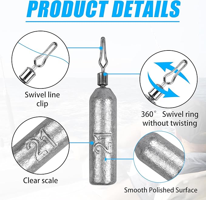 30 Pack Fishing Drop Shot Weights Lead Fishing Weights Pencil Skinny Sinkers with Barrel Swivels for Freshwater Bass Fishing