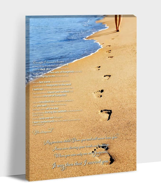 Footprints in the Sand Wall Art Decor, Footprints in the Sand Canvas Prints Wall Art, Inspirational Christian Poem Wall Poster Gift, Beach Picture Wall Art for Living Room Beach Office 24"Wx36"HInches