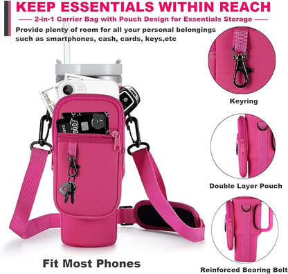 Water Bottle Carrier Bag with Phone Pocket for Stanley 40 & 30 oz Tumbler with Handle,Pink Insulated Neoprene Cup Holder Pouch w/Adjustable Strap for Quencher H2.0 Stanley Cup Accessories