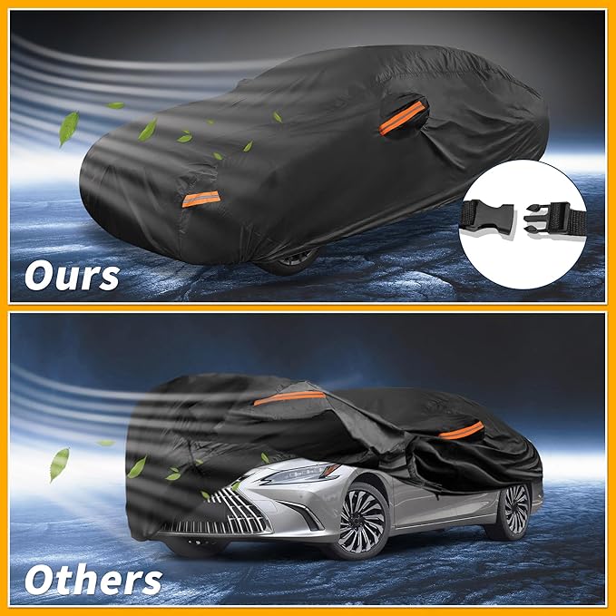 Waterproof All-Weather Universal Car Cover with Right Side Zipper, 210T-PU Black Fits for Sedan 165" to 177" Length