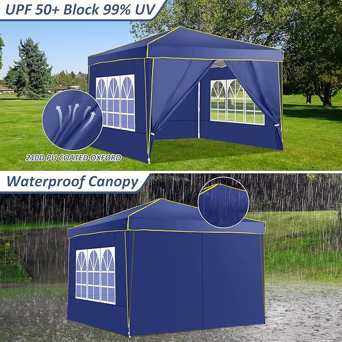 COBIZI 10x10 Pop Up Canopy with 4 Sidewalls, Easy up Canopy for Events, Sports, Beach, Party, Outdoor Party Canopies with 4 Weight Bags, Stakes x4, Ropes x4, Dark Blue