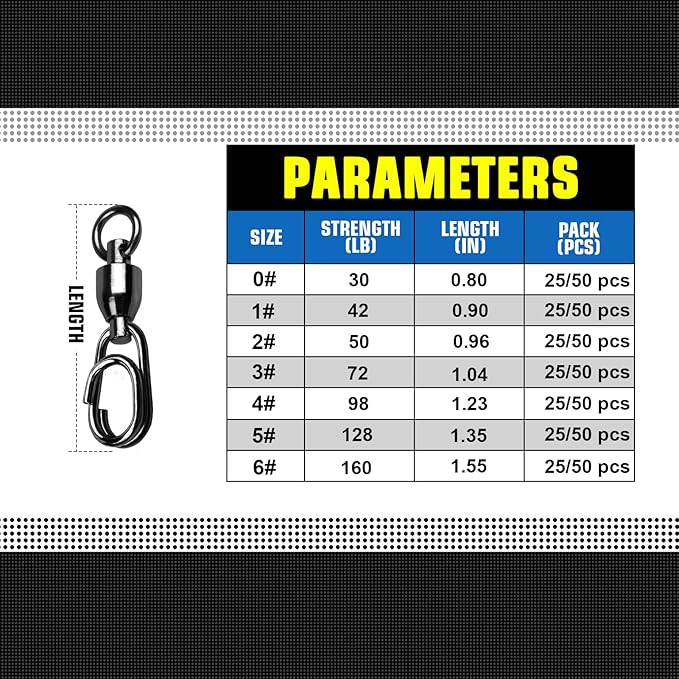 QISHUO High Strength Fishing Swivel Steel Ball Bearing Fishing Swivels Stainless Connector Rolling Snap Swivels Fishing Black Nickel 30lbs-160lbs