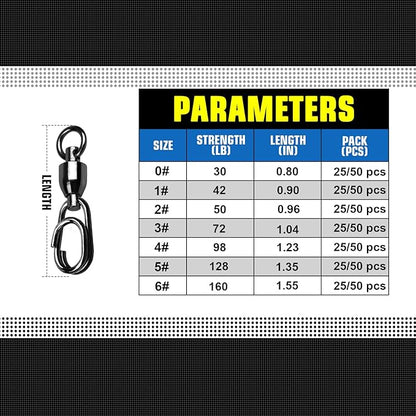 QISHUO High Strength Fishing Swivel Steel Ball Bearing Fishing Swivels Stainless Connector Rolling Snap Swivels Fishing Black Nickel 30lbs-160lbs