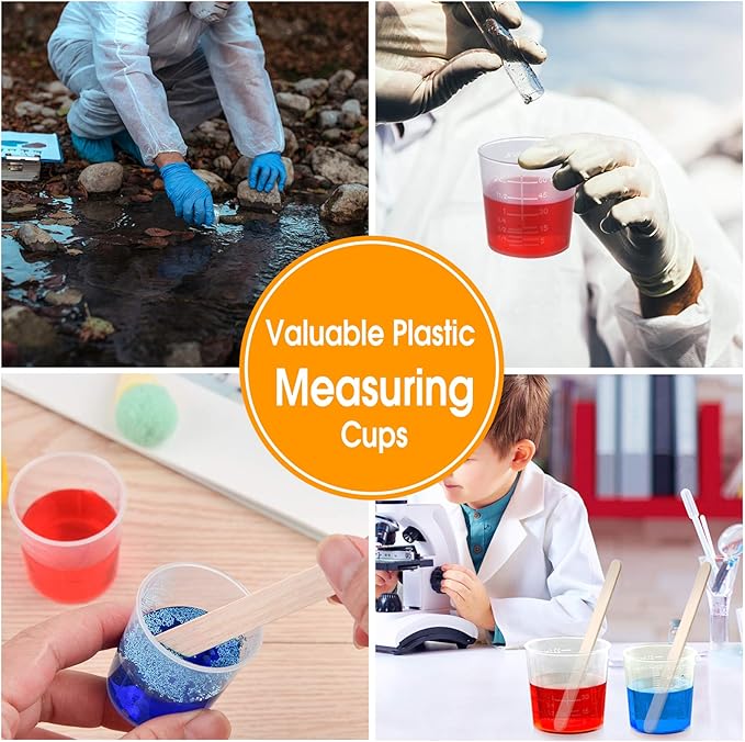 Coopay 100 Pack 60ml/2oz Plastic Graduated Cups Transparent Scale Cups Clear Epoxy Mixing Cylinder with 100 Pack Wooden Stirring Sticks for Resin, Epoxy, Stain, Mixing Paint