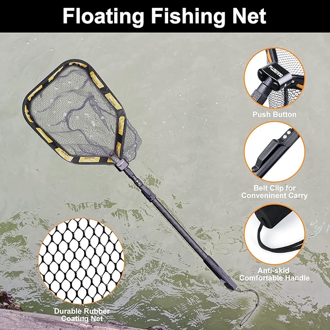 PLUSINNO Floating Fishing Net for Steelhead, Salmon, Fly, Kayak, Catfish, Bass, Trout Fishing, Rubber Coated Landing Net for Easy Catch & Release, Compact & Foldable for Easy Transportation & Storage