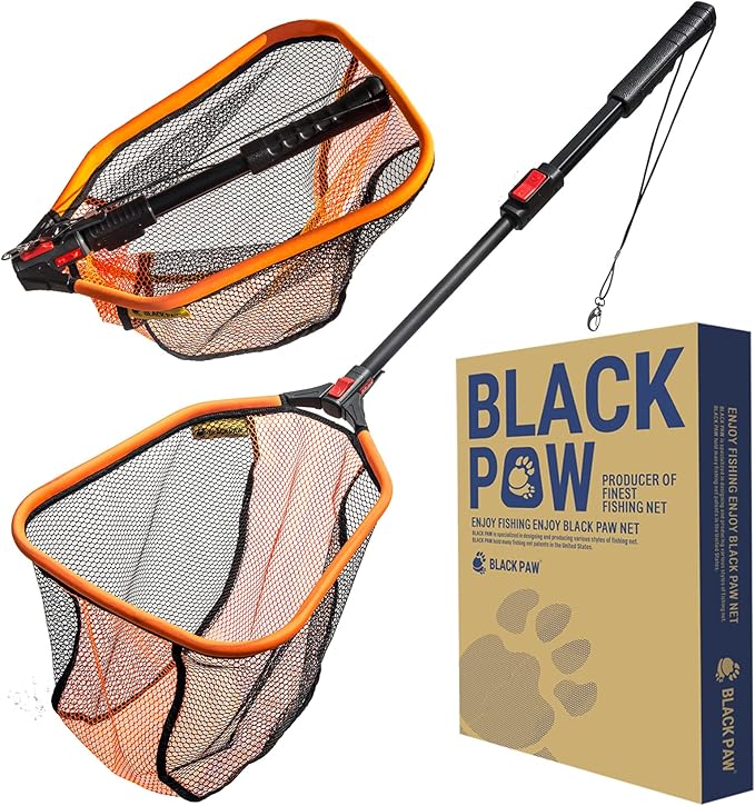 Black Paw Floating Fishing Net - Telescopic Foldable Fish Landing Net with Adjustable Mesh Head, Built in Length Scale