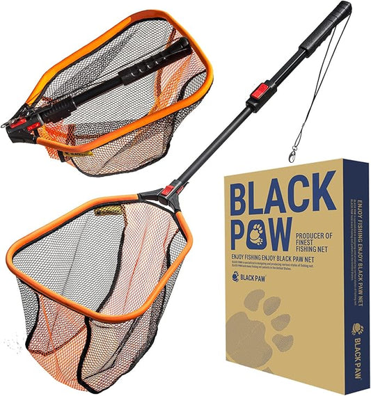 Black Paw Floating Fishing Net - Telescopic Foldable Fish Landing Net with Adjustable Mesh Head, Built in Length Scale