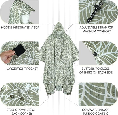 PTEROMY Hooded Rain Poncho for Adult with Pocket, Waterproof Lightweight Unisex Raincoat for Hiking Camping Emergency