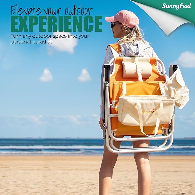 SUNNYFEEL Beach Chairs for Adults 2 Pack 5 Position Lay Flat, Portable Folding Backpack Beach Chair Heavy Duty with Cooler Bag, Cup Holder for Outdoor/Lawn/Picnic, Foldable Camping Chair