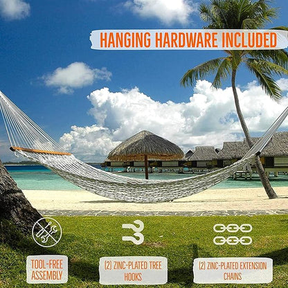 Castaway Living 13 ft. Double Traditional Hand Woven Oatmeal Polyester Rope Hammock – 2-Person, 450 lb Capacity, Free Extension Chains & Tree Hooks, Designed in The USA