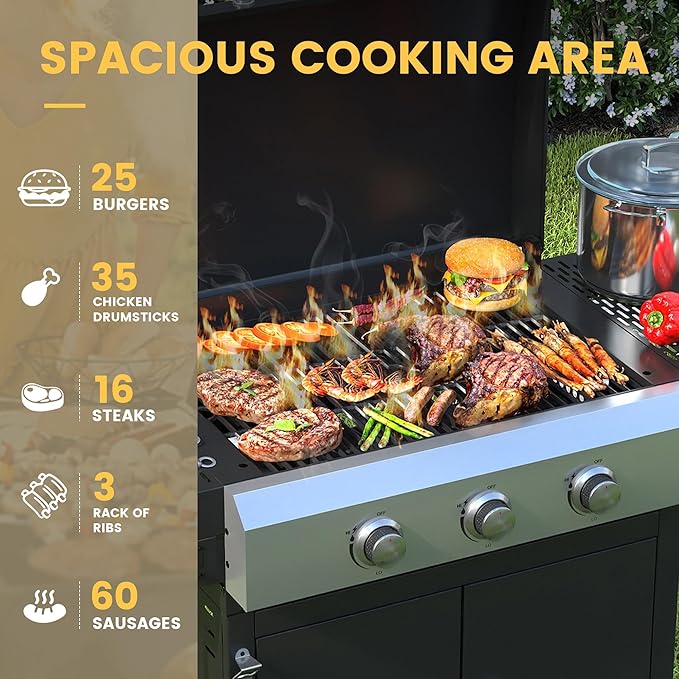 DIFY 3-Burner Propane Gas Griddle Grill, 28 in Flat Top Griddle Grill with Porcelain-Enameled Grates and Stainless Steel Frying Pan, 36000 BTU Output Barbecue Grills for Outdoor Barbecue