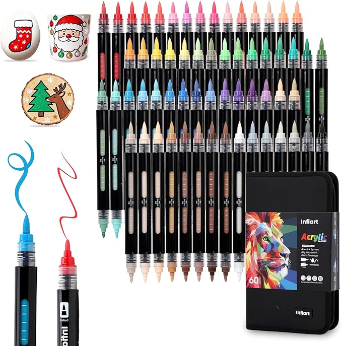 60 Colors Dual Tip Acrylic Paint Markers Automatic Ink Control Acrylic Paint Pens, Fine & Brush Tip Acrylic Markers Set for Christmas Decorations, Glass, Stone, Wood, DIY & Art Supplies