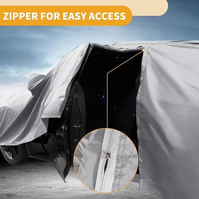 Universal Car Cover Waterproof All Weather 190T-PU, UV Sun Rain Protection, Fits for Truck Length 243"-250", with Left Side Zipper, Silver Tone