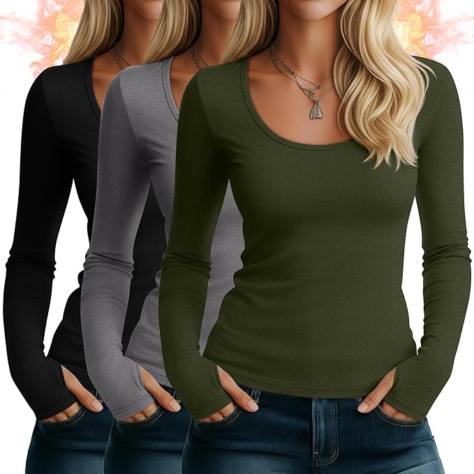 Riyiper 3 Pack Women's Thermal Long Sleeve Shirts, Fleece Scoop Neck Fitted Top Stretchy Thumb Holes Undershirt Baselayer Tee