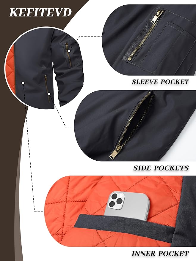 KEFITEVD Men's Jacket Casual Windproof Bomber Jackets Full Zip Windbreaker Warm Winter Padded Coats