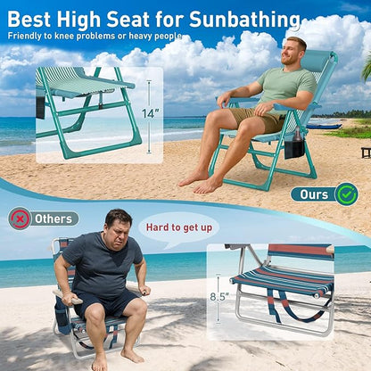 Suteck Backpack Beach Chairs for Adults 2 Pack, 6-Position Folding Reclining Chair with Cooler Bag & Cup Holder, Lightweight Portable Beach Chair for Camping, Outdoor, Sand, Travel Use