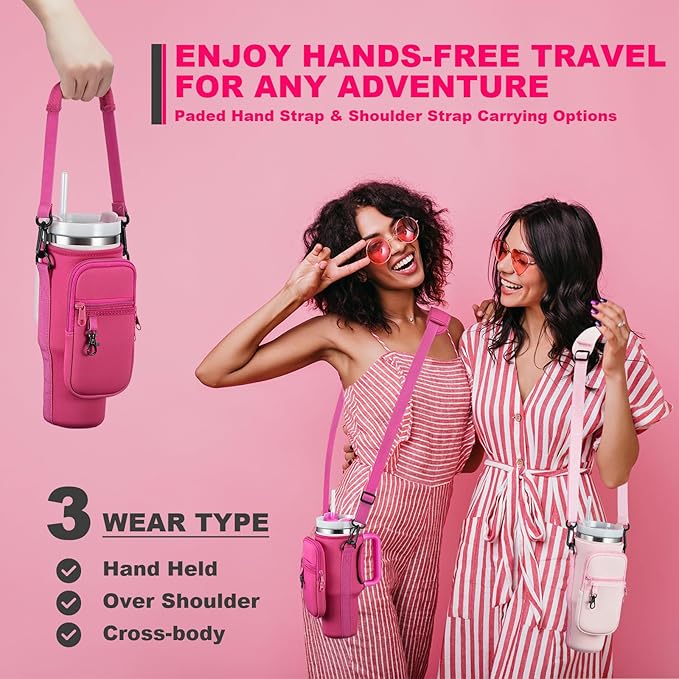 Water Bottle Carrier Bag with Phone Pocket for Stanley 40 & 30 oz Tumbler with Handle,Pink Insulated Neoprene Cup Holder Pouch w/Adjustable Strap for Quencher H2.0 Stanley Cup Accessories
