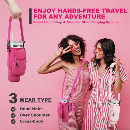 Water Bottle Carrier Bag with Phone Pocket for Stanley 40 & 30 oz Tumbler with Handle,Pink Insulated Neoprene Cup Holder Pouch w/Adjustable Strap for Quencher H2.0 Stanley Cup Accessories