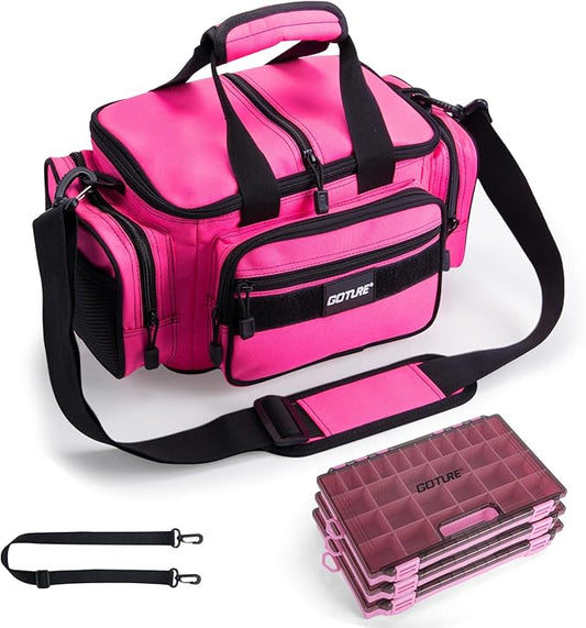 Goture Fishing Tackle Bag with 3 Tackle Boxes, Soft Side 600D Water-Resistant Cross Body Sling Fishing Bag, Small Saltwater Gear Storage Tactical Bags, Gifts for Men/Women (14.96"x9.06"x7.48")