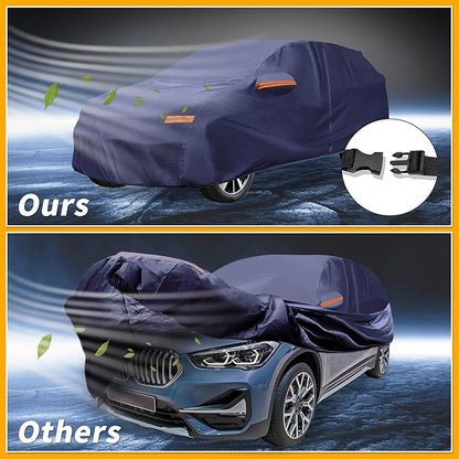 Universal Car Cover Waterproof All Weather 190T-PU, UV Sun Rain Protection, Fits for SUV Length Up to 181", with Left Side Zipper, Navy Blue