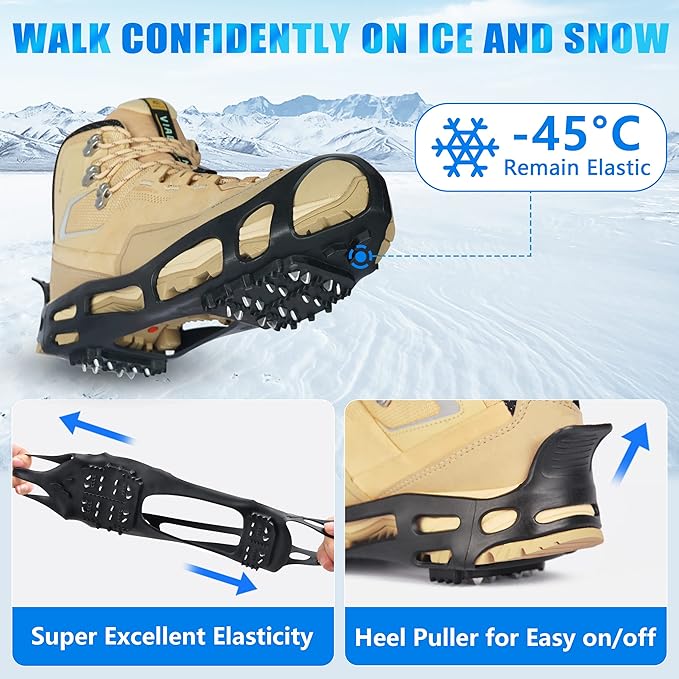 Ice Cleats Snow Traction Cleats for Shoes and Boots Anti Slip Ice Grippers Crampons for Hiking Boots Women Men Rubber Overshoe Slip-on Stretch Footwear