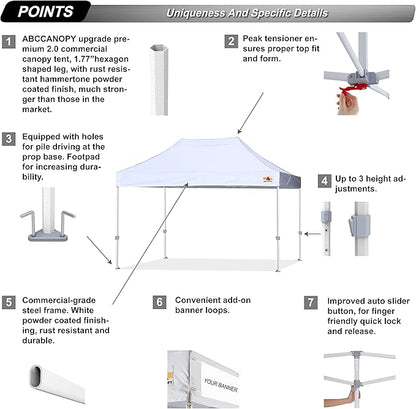 ABCCANOPY 10x15 Canopy Tent Bundle with US Weight 40lb No-Pinch Canopy Weights and Carry Strap