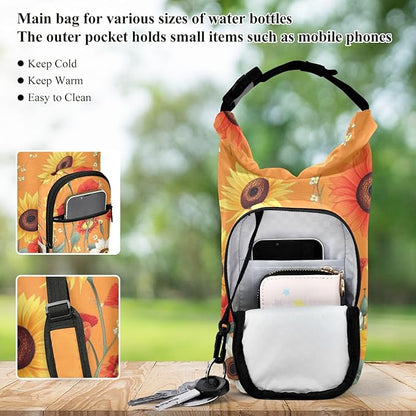 Cartoon Orange Sunflowers and Poppy Flowers Water Bottle Holder with Strap Insulated Water Bottle Carrier Crossbody Bags Pouch with Phone Pocket for Travel Gym Hiking Walking Running