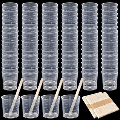 Coopay 100 Pack 30ml/1oz Plastic Graduated Cups Transparent Scale Cups Clear Epoxy Mixing Cylinder with 100 Pack Wooden Stirring Sticks for Resin, Epoxy, Stain, Mixing Paint