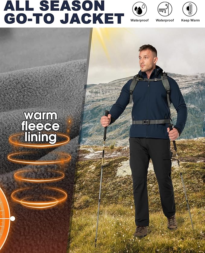 33,000ft Men's Hooded Softshell Jacket Waterproof Lightweight Insulated Windbreaker Fleece Lined Rain Shell Jacket