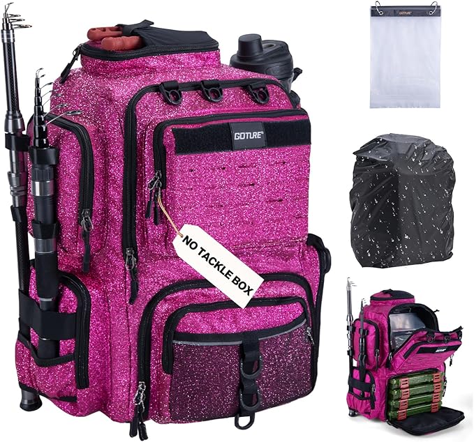 Goture Fishing Backpack, 900D Water-Resistant Tackle Backpack with Rod Holders, 45L Large Fishing Bag Storage Gear Tackle Bag with 8 Lure Pockets, Rain Cover for Camping Hiking(Without Tackle Box)