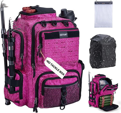 Goture Fishing Backpack, 900D Water-Resistant Tackle Backpack with Rod Holders, 45L Large Fishing Bag Storage Gear Tackle Bag with 8 Lure Pockets, Rain Cover for Camping Hiking(Without Tackle Box)