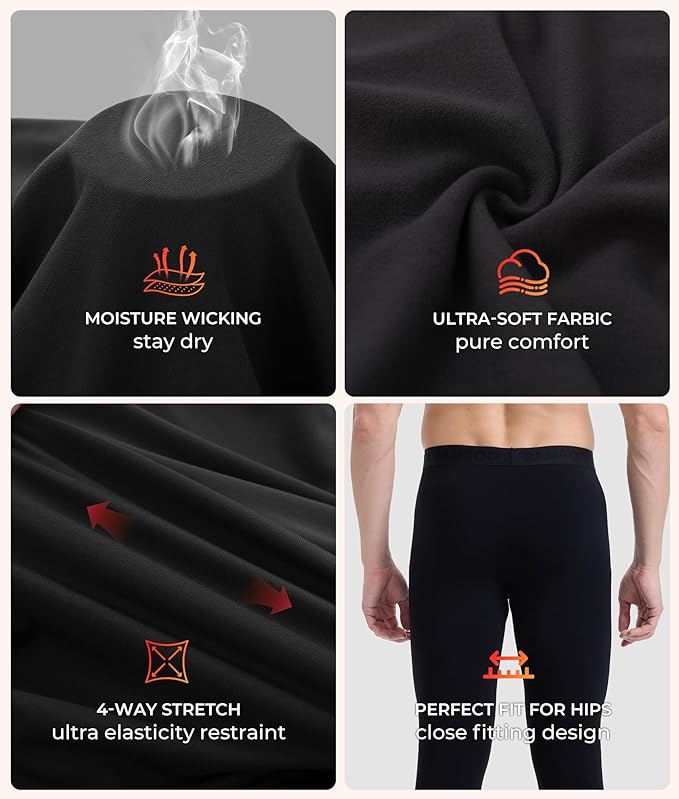 Men's Lightweight Thermal Underwear Bottoms Fleece Lined Long Johns for Men Base Layer Pants for Cold Weather