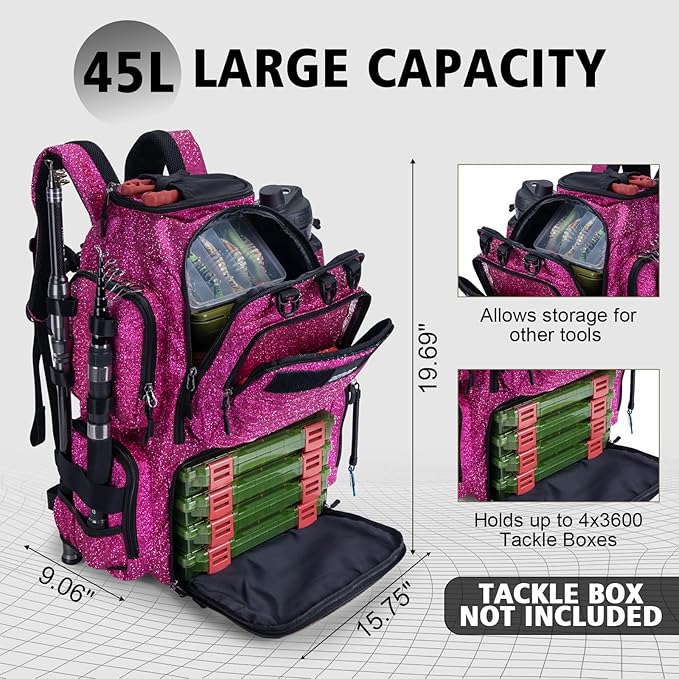 Goture Fishing Backpack,900D Water-Resistant Tackle Backpack with Rod Holders,45L Large Fishing Bag Storage Gear Tackle Bag with Rain Cover,Bottle Holder for Travel Camping Hiking(Without Tackle Box)