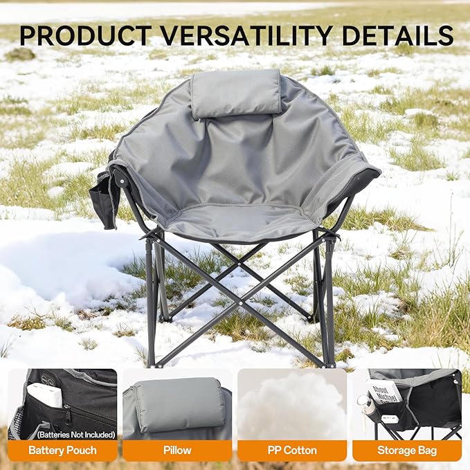 Oversized Heated Camping Chairs, 3 Heating Level for Back and Seat, Portable & Folding Camping Chair with Pillow for Outdoor Sports, Fishing, Patio, Picnics, Battery Not Included, Gray