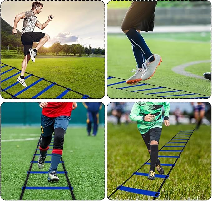 Professional Agility Ladder Speed Training Equipment Set-20ft Agility Ladder,12 Soccer Cones, 4 Agility Hurdles, Running Parachute, Suitable for Soccer Football Basketball Training