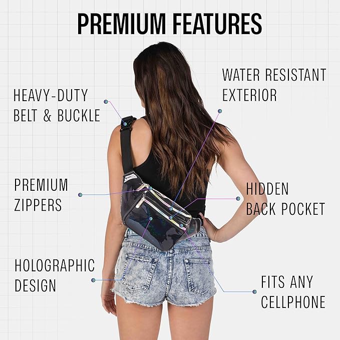 Black Holographic Fanny Pack Belt bag - Crossbody Waist Bag for Men or Women - Hands-Free, Waterproof Large Bumbag for Hiking, Running, and Travel
