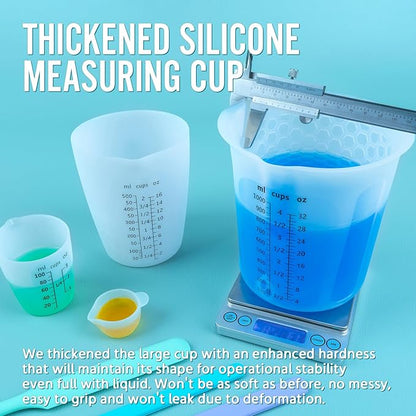 Silicone Resin Mixing 1L Measuring Cup Set for Resin Supplies, Easy-to-Read Marks, 1000ml/32oz Large Cup, 500&250&100ml Thickened Reusable Silicone Cups for Epoxy Mixing, Jewelry Making