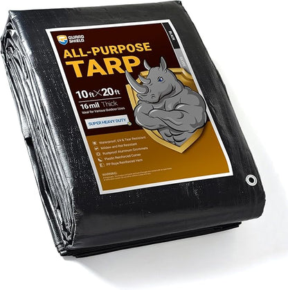 GUARD SHIELD Super Heavy Duty Black/Silver Ploy Tarp Cover 10x20 Feet Waterproof Tarps 16mil Thick UV and Tear Resistant Tarpualin