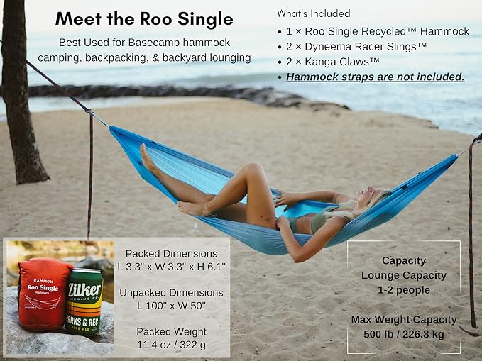 KAMMOK: Roo Single Hammock | Made from Strong & 100% Recycled Water Resistant Ripstop Fabric | Comfortable, Packable, Lightweight (Lifetime Adventure Grade Warranty), Sky Blue