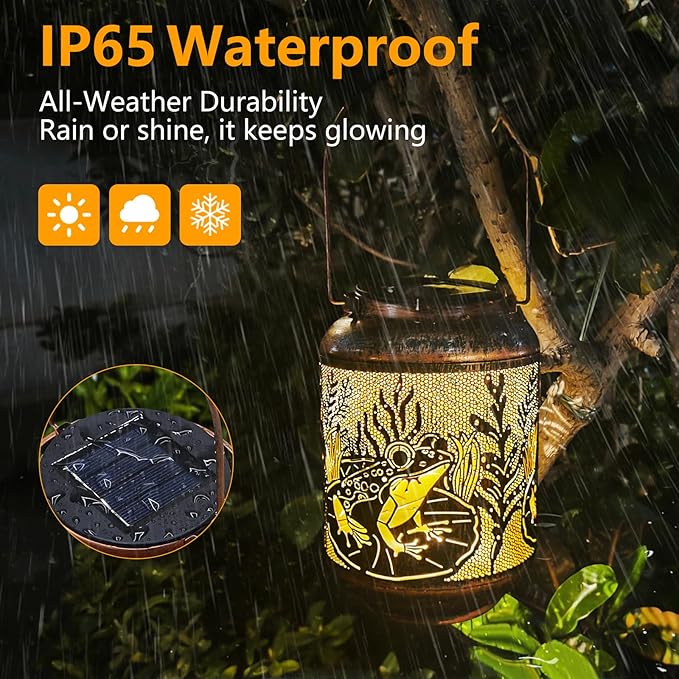 Solar Lantern Outdoor Frog Garden Decor, IP65 Waterproof Hanging Solar Powered Lights Birthdays Gifts for Women Mom, Metal Decorative Light for Patio Yard Lawn Porch Backyard Christmas