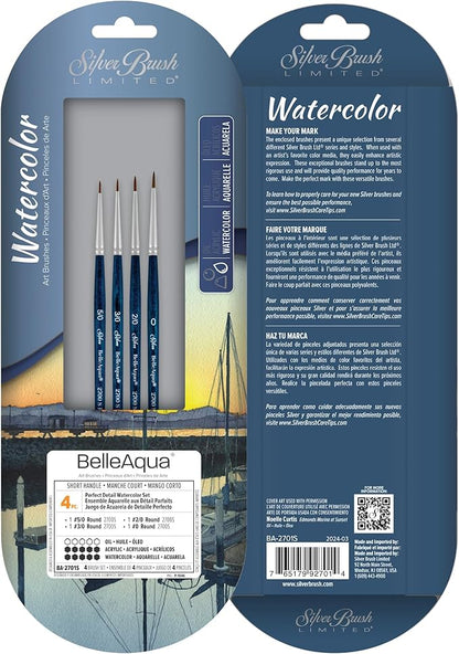 Silver Brush Limited BA-2701S BelleAqua Perfect Detail Watercolor Brush Set, 4pc Professional Premium Soft Synthetic Red Sable Round Paint Brush Set, Size 5/0, 3/0, 2/0, and 0 Round Artist Brushes